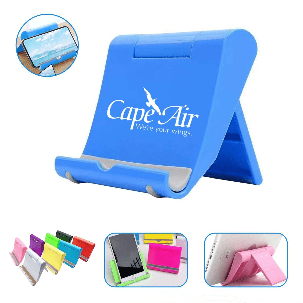 A blue cell phone stand with a grey base, featuring a logo. Surrounding it are various coloured stands in pink, yellow, and red. Cell Phone Stand - Image 1