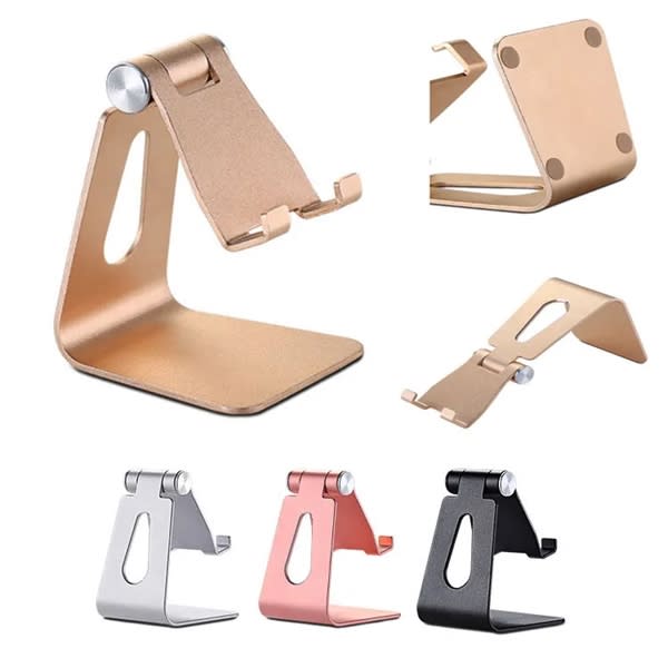 A foldable phone holder stand in gold, silver, rose gold, and black colours, featuring various angles and designs. Foldable Phone Holder Stand - Image 1
