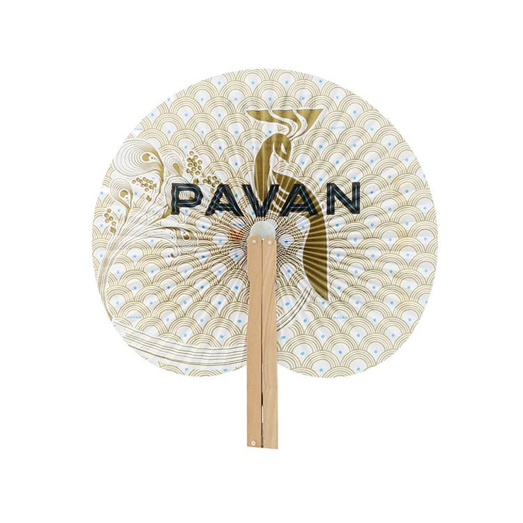 A folding fan with a decorative pattern in gold and cream, featuring a wooden handle and a logo. Handle Folding Fan - Image 1