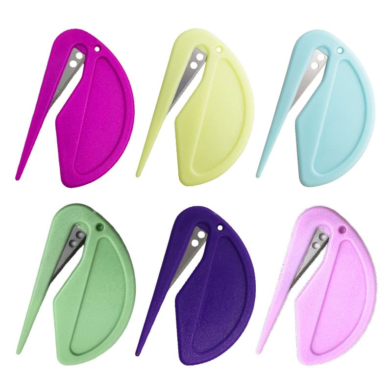 A set of six letter openers in various colours: purple, blue, yellow, green, dark violet, and pink. Each has a sleek design. Letter Opener/Envelope Slitter Set - Image 1