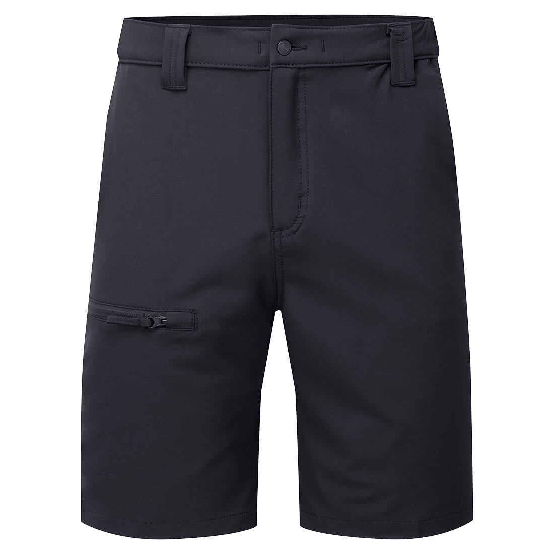 A pair of black eco stretch shorts featuring a front button closure and a zippered side pocket, with a branding logo. WX2 Eco Stretch Shorts - Image 1