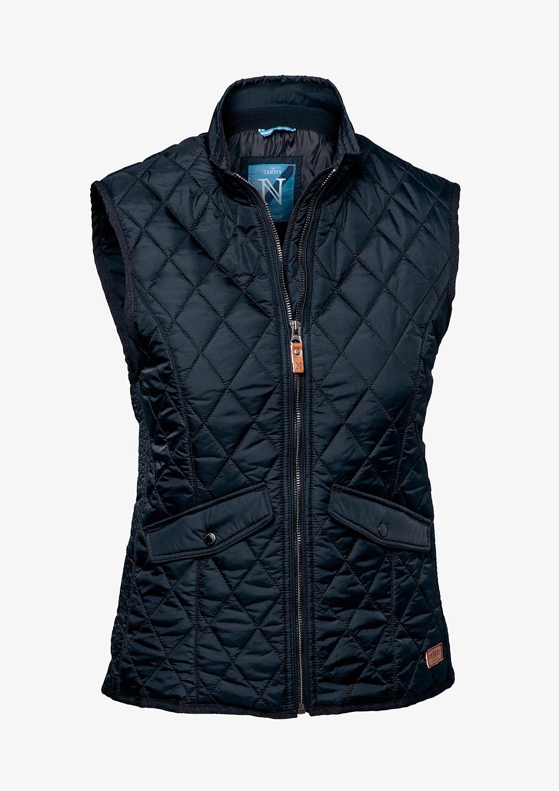 A navy blue quilted vest with a zip closure and two front pockets, featuring a logo on the upper left. Camden Women Vest - Image 1