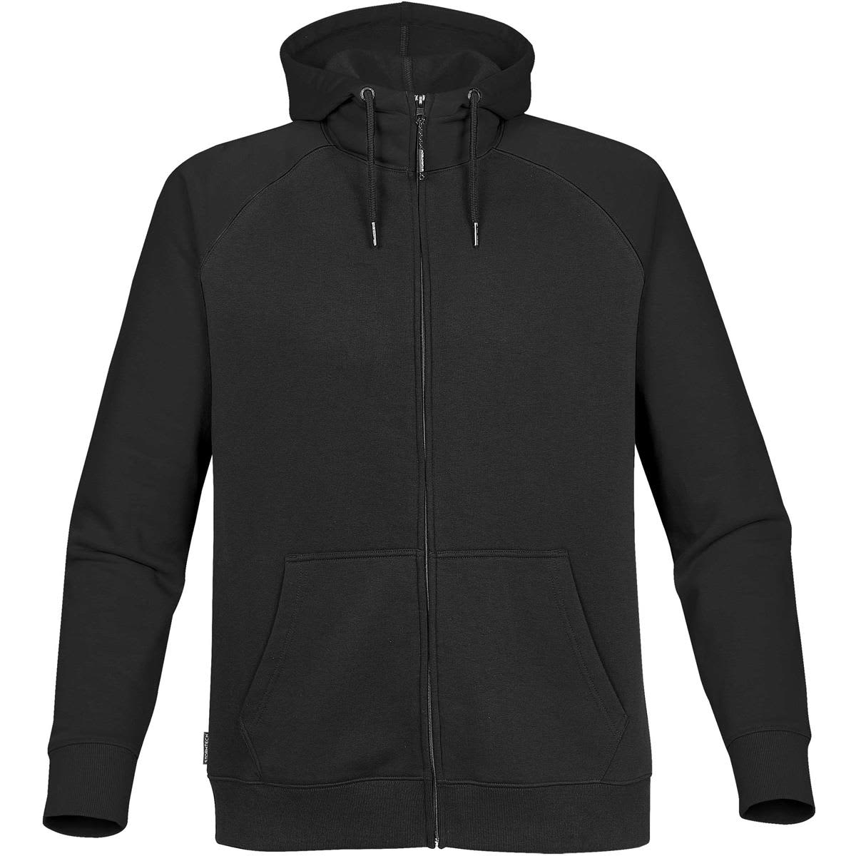 A black zip-up hoodie featuring a hood, front pockets, and raglan sleeves, with a logo on the side. Men's Omega Zip Hoody - Image 1