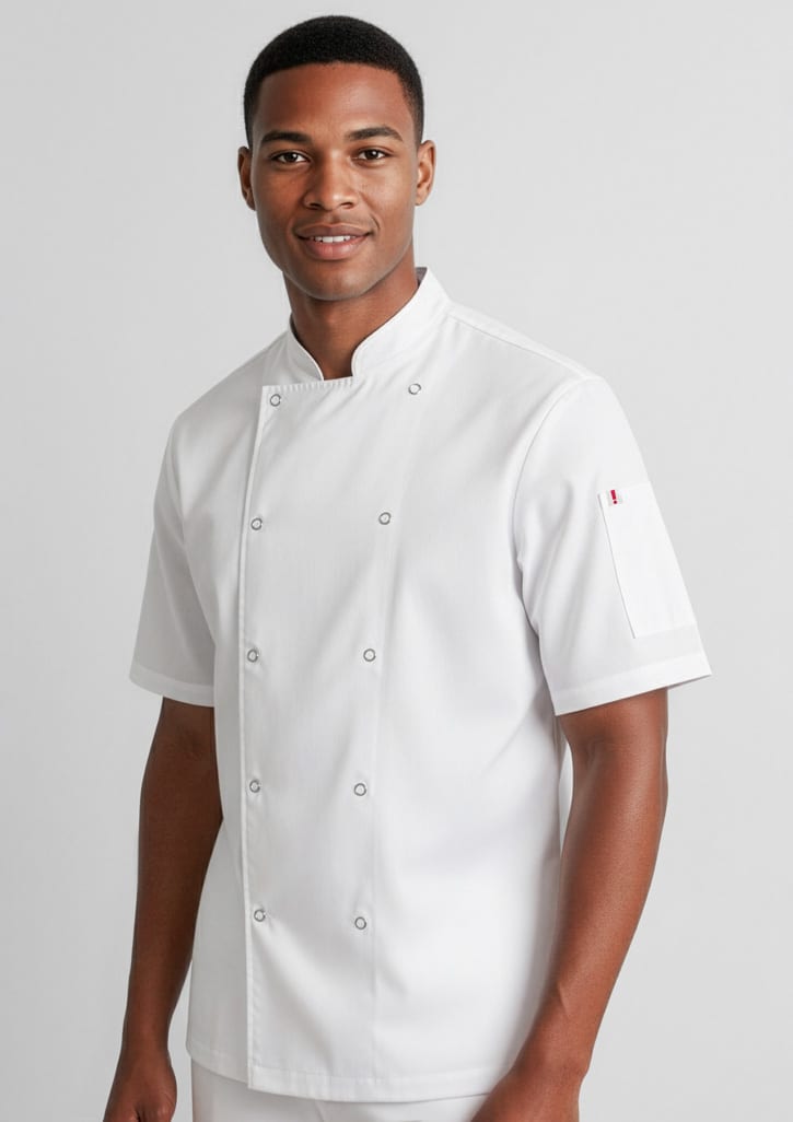 A short sleeve chef jacket in white, featuring a double-breasted design and a logo on one sleeve. Mens Zest Short Sleeve Chef Jacket - Image 1