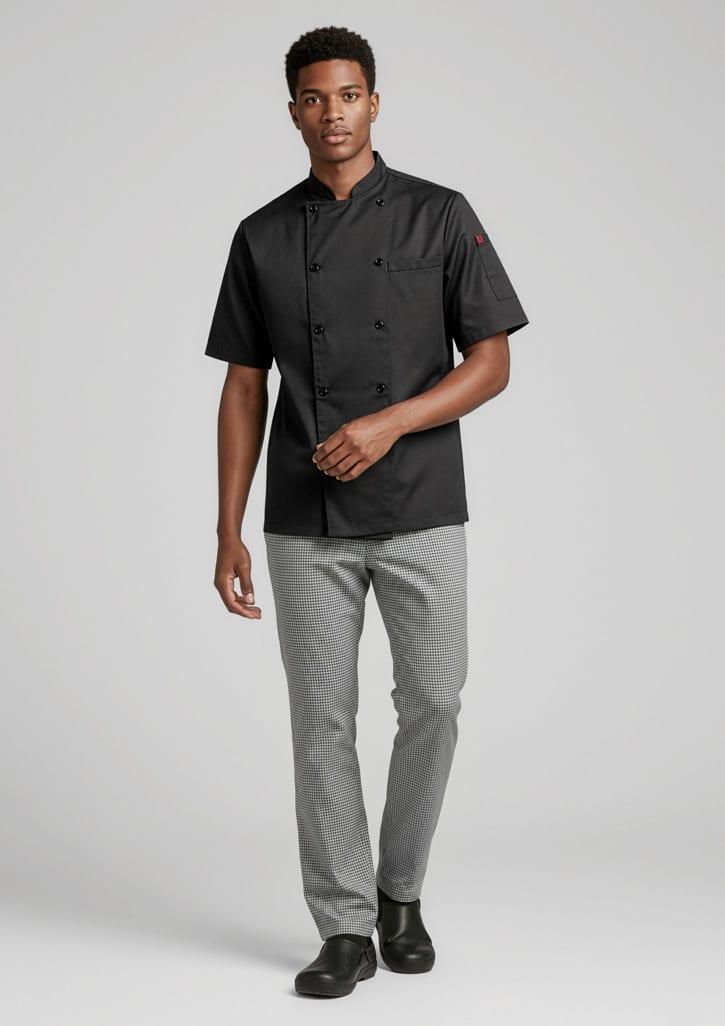 A model wearing a black short-sleeve chef jacket and grey pants, walking in a neutral background. The outfit features a logo. Mens Dash Pant - Image 1
