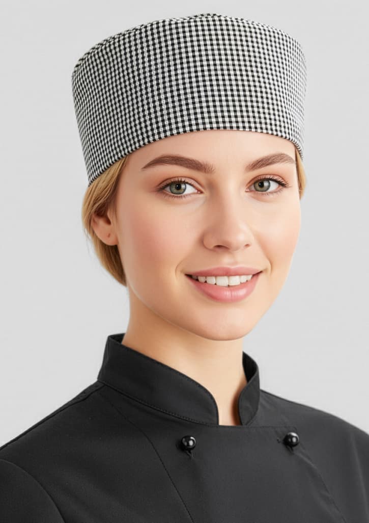 A chef cap in a black and white checkered pattern, worn by a smiling female model in a black chef uniform. Chef Cap - Image 1