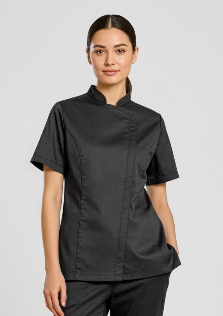 A black short sleeve chef jacket for women, featuring a mandarin collar and a fitted design. It has a logo. Womens Alfresco Short Sleeve Chef Jacket - Image 1