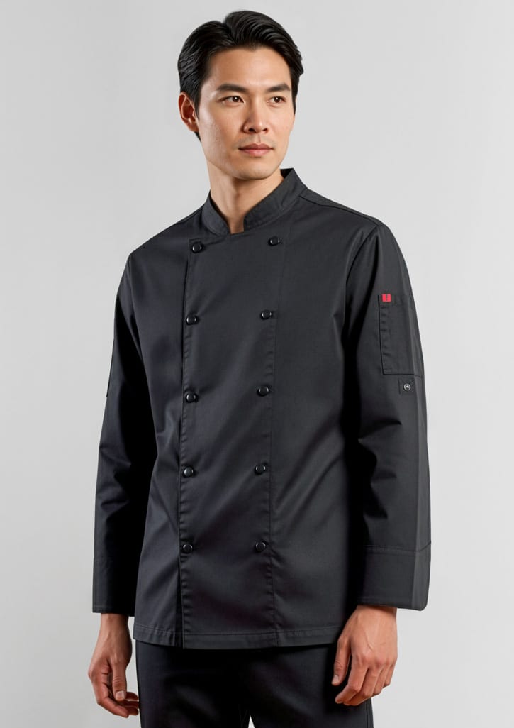 A long sleeve black chef jacket with a button-up front and a logo on the sleeve, worn by a model. Mens Gusto Long Sleeve Chef Jacket - Image 1