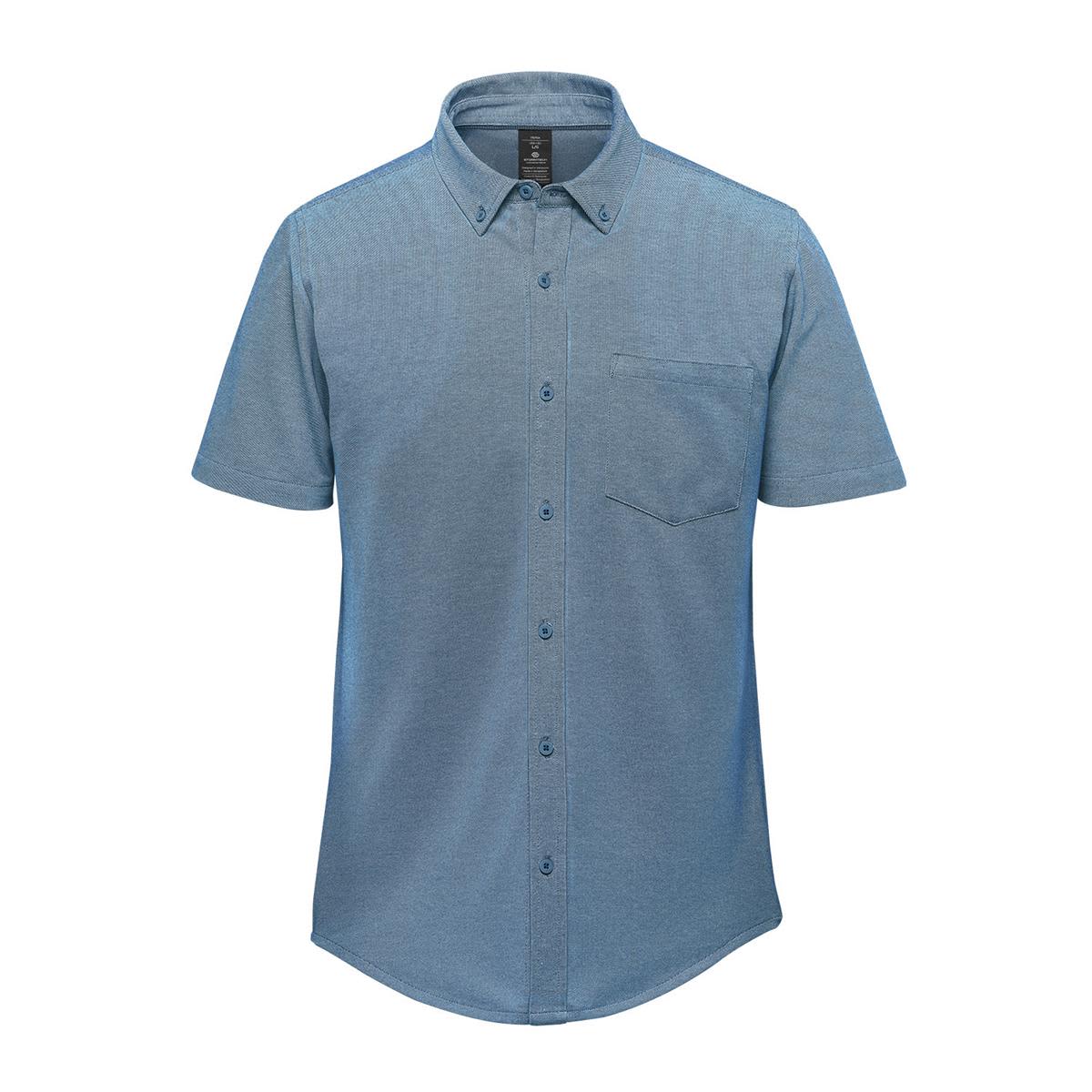 A short-sleeve knit shirt in shades of blue, featuring a button-up front and a chest pocket. It has a logo. Men's Sonora Short Sleeve Knit Shirt - Image 1