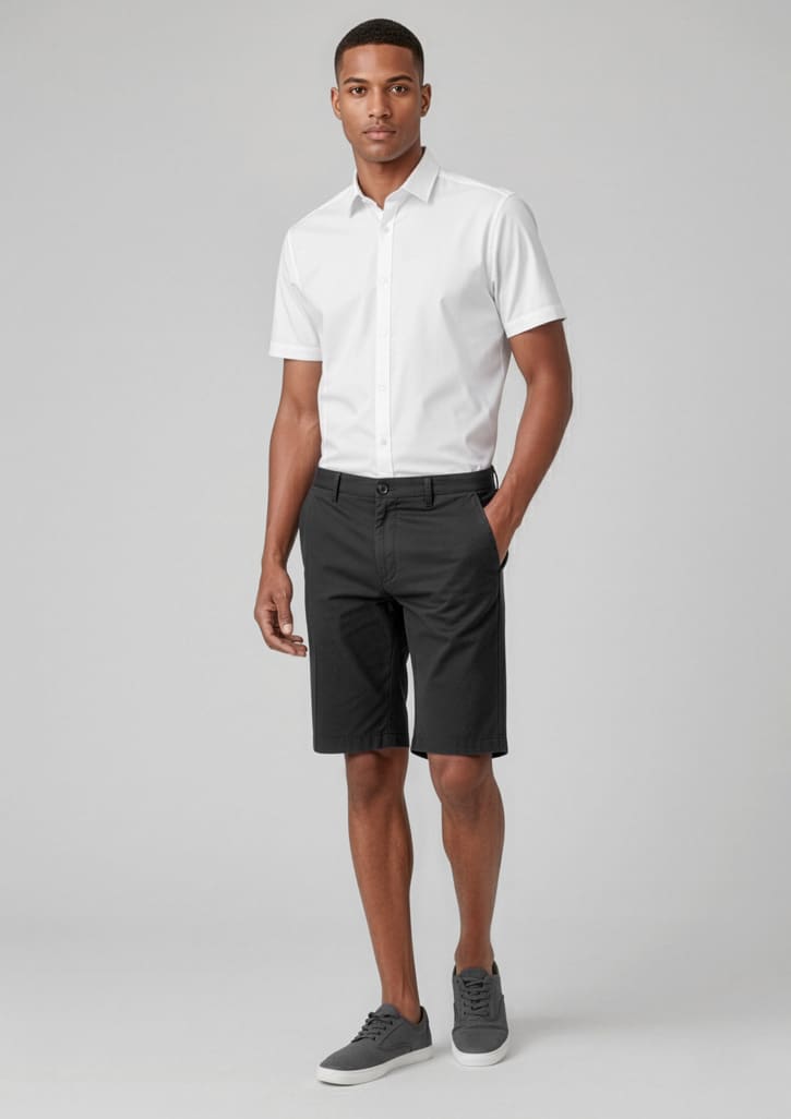 A man wearing black cargo shorts and a white short-sleeve shirt, paired with grey shoes, standing against a grey background. Mens Comfort Waist Cargo Short - Image 1