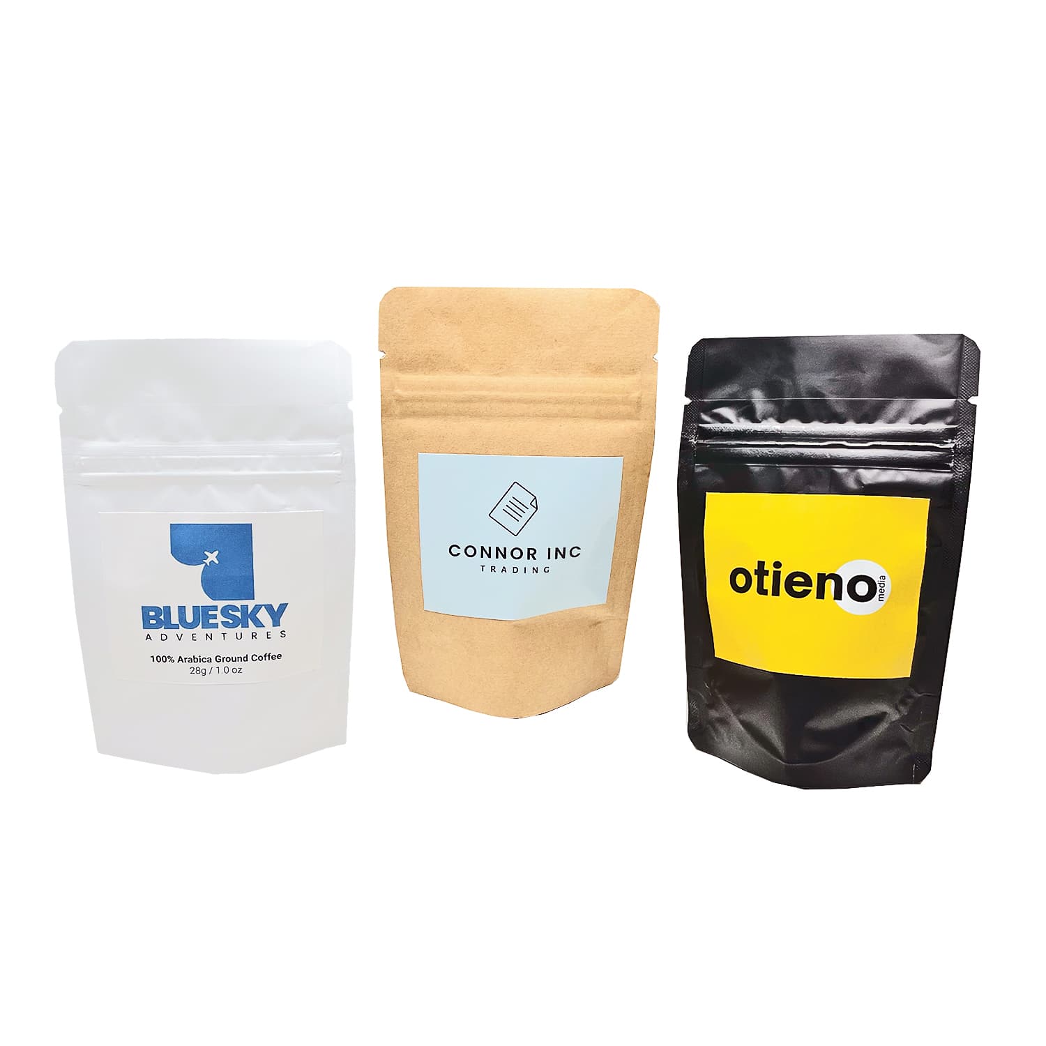 Three small stand-up pouches for espresso coffee in white, kraft brown, and black, each featuring a logo. Espresso Coffee Small Stand-Up Pouch - Image 1