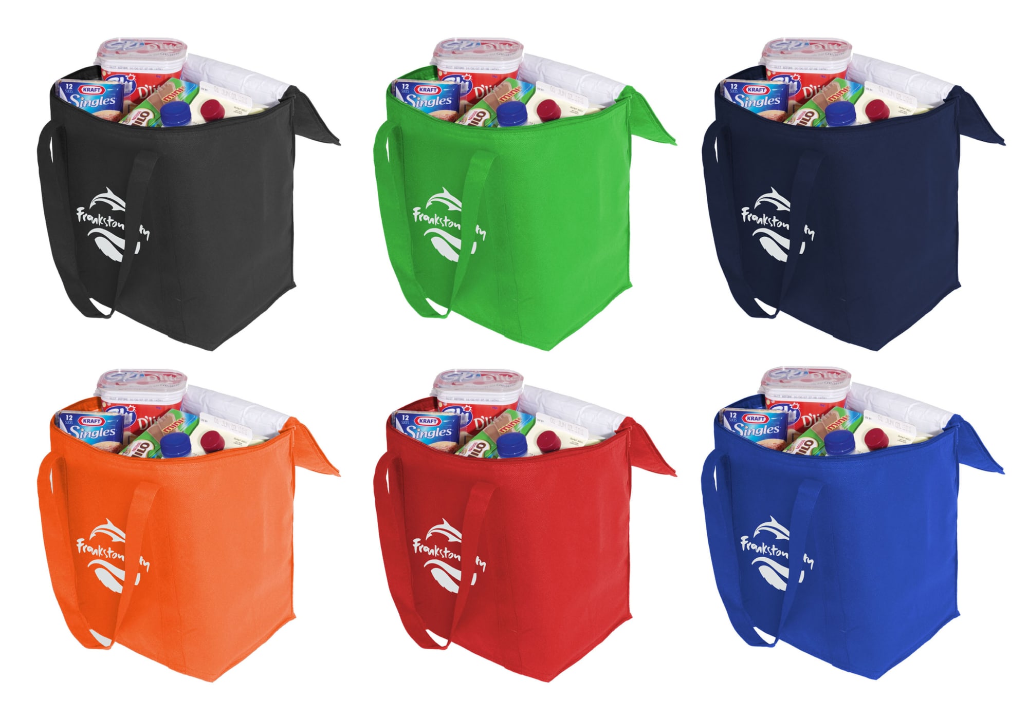 A cooler bag in black, green, orange, red, and blue, filled with snacks and drinks. Each bag has a logo. Perisher Cooler Bag - Image 1