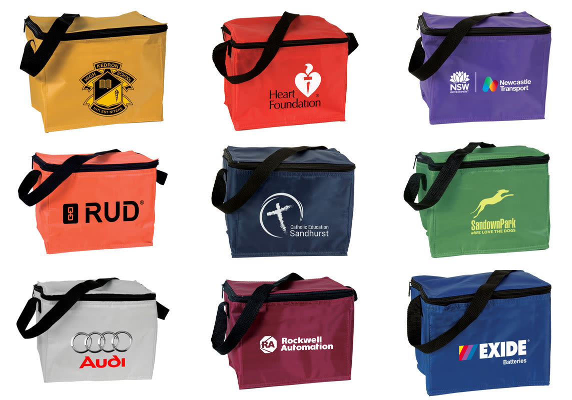 A variety of cooler bags in red, yellow, blue, and white, featuring different logos and a shoulder strap. Smiggins Cooler Bag - Image 1