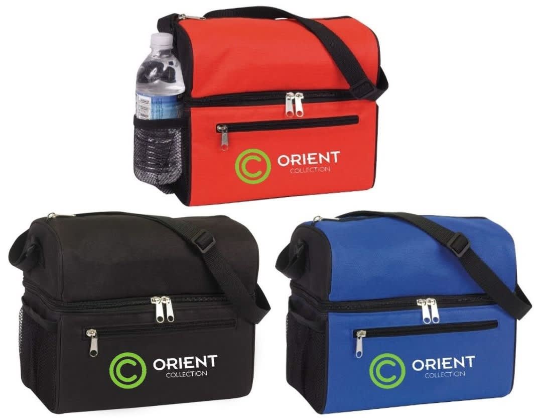 Cooler bags in red, black, and blue with a side mesh pocket for a drink bottle and featuring a logo. Monaro Cooler Bag - Image 1