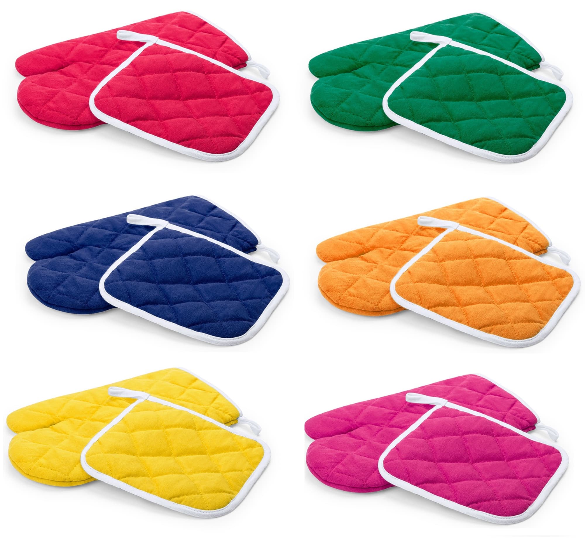 A set of quilted oven mitts and pot holders in green, navy, pink, orange, yellow, and teal. Each set has a white trim. Leston - Image 1