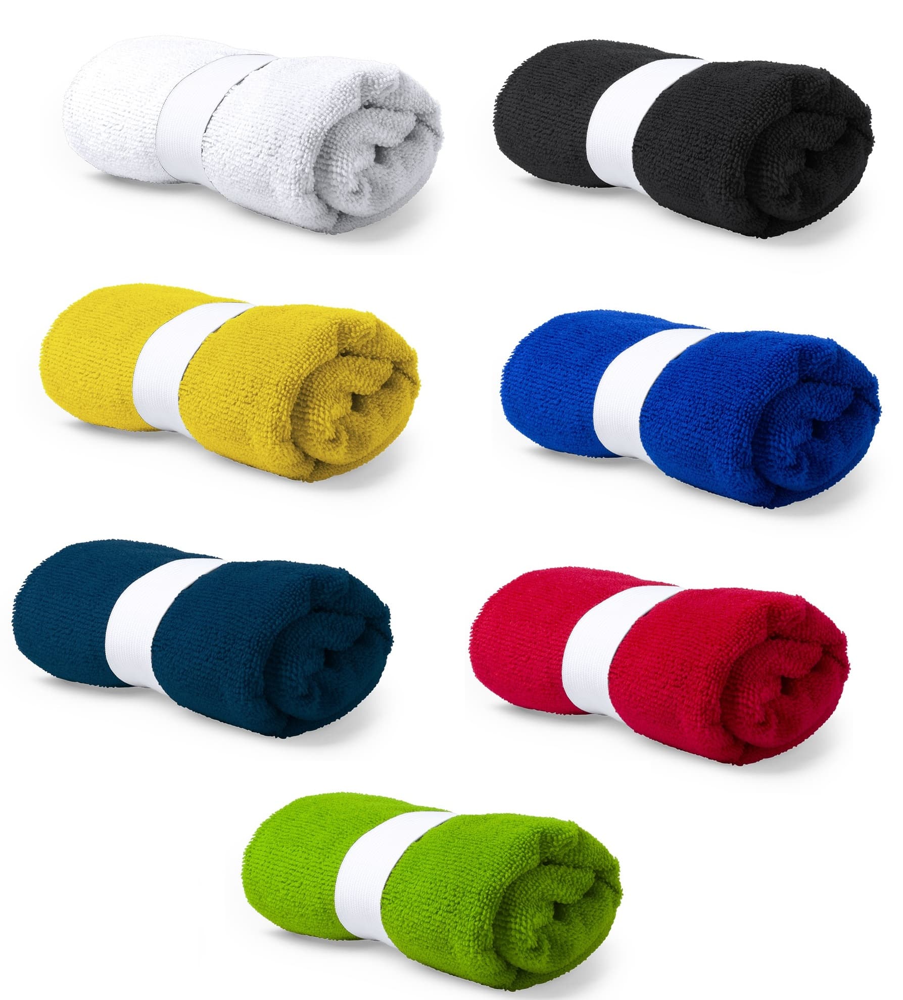 A set of rolled towels in white, black, yellow, blue, navy, red, and green, each secured with a white band. Kefan - Image 1