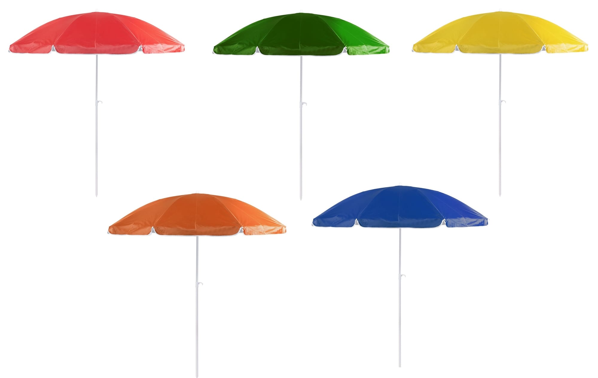 A set of five beach umbrellas in red, green, yellow, orange, and blue, each with a white pole. Sandok - Image 1