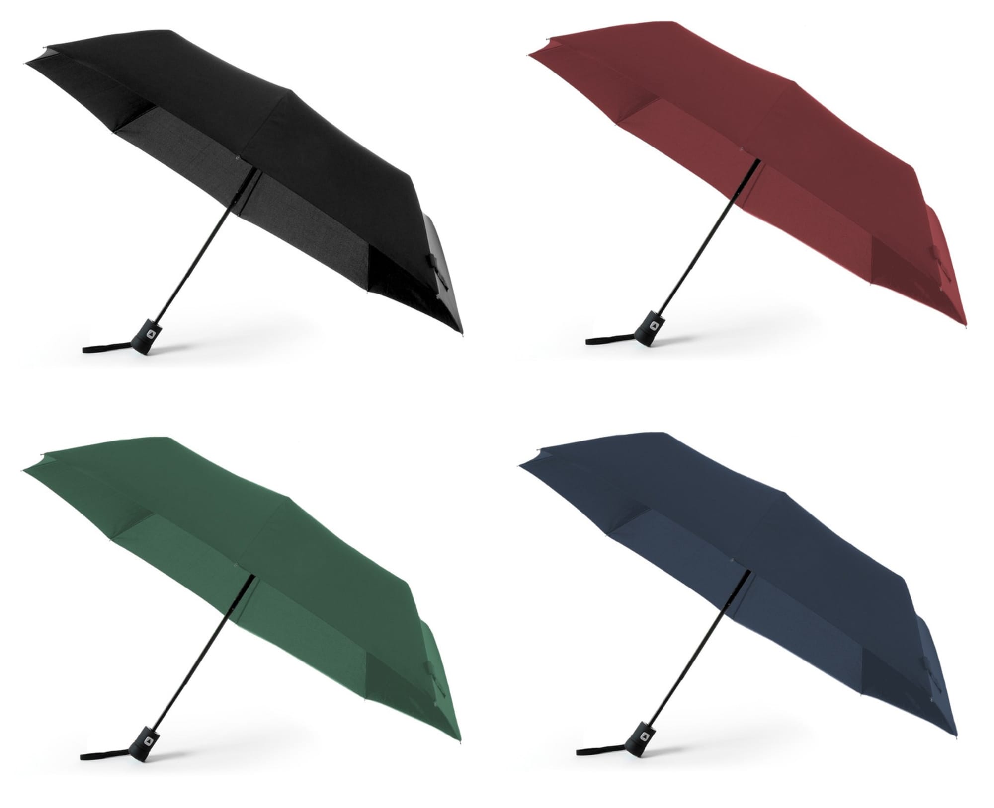 A set of four umbrellas in black, burgundy, green, and navy, each with a supporting stand and a branding logo. Hebol - Image 1