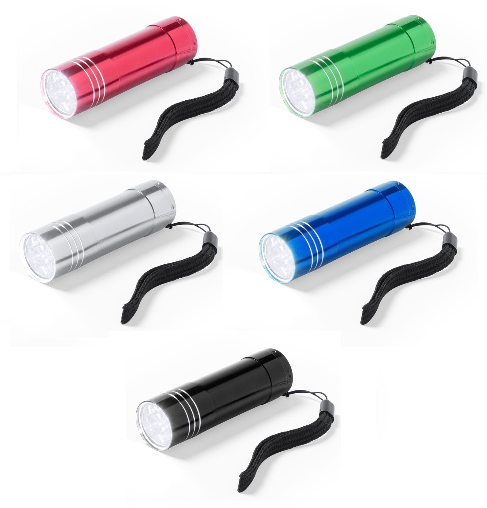A set of five torch lights in red, green, silver, blue, and black, each with a wrist strap. Conny - Image 1