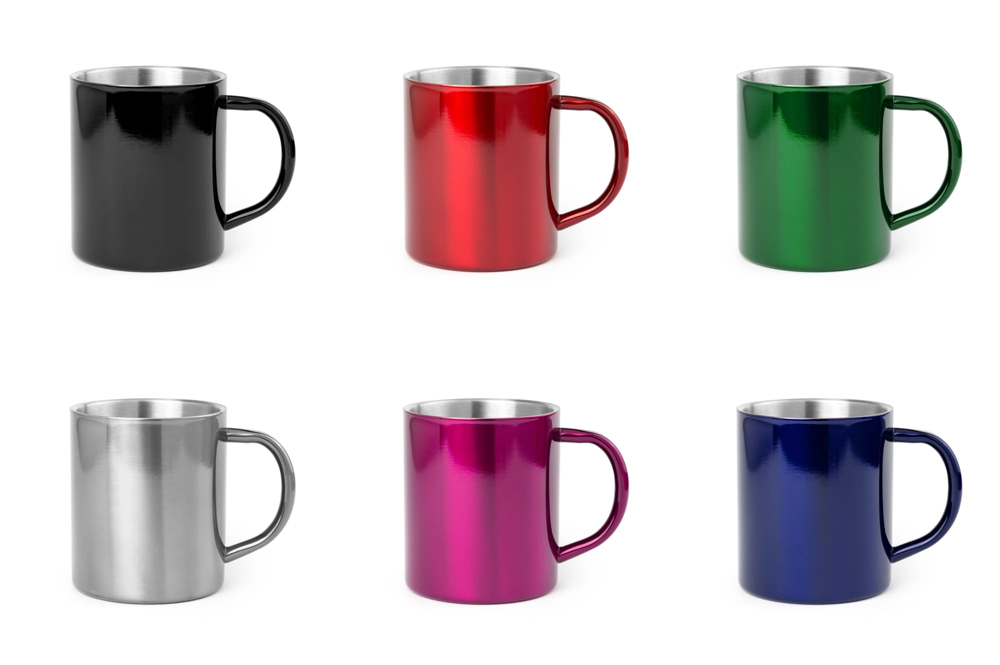 A set of six drink mugs in black, red, green, silver, pink, and blue, featuring stainless steel interiors and handles. Yozax - Image 1