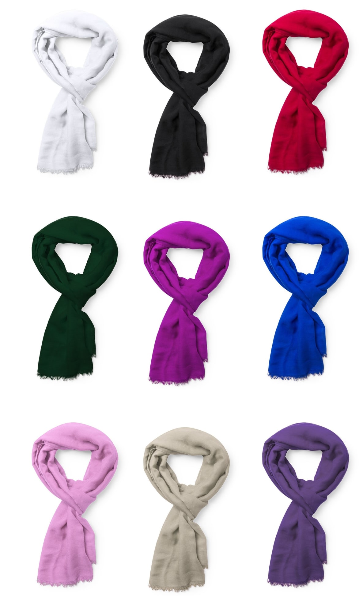 A display of nine scarves in white, black, green, purple, blue, pink, beige, and dark purple, arranged in three rows. Ribban - Image 1