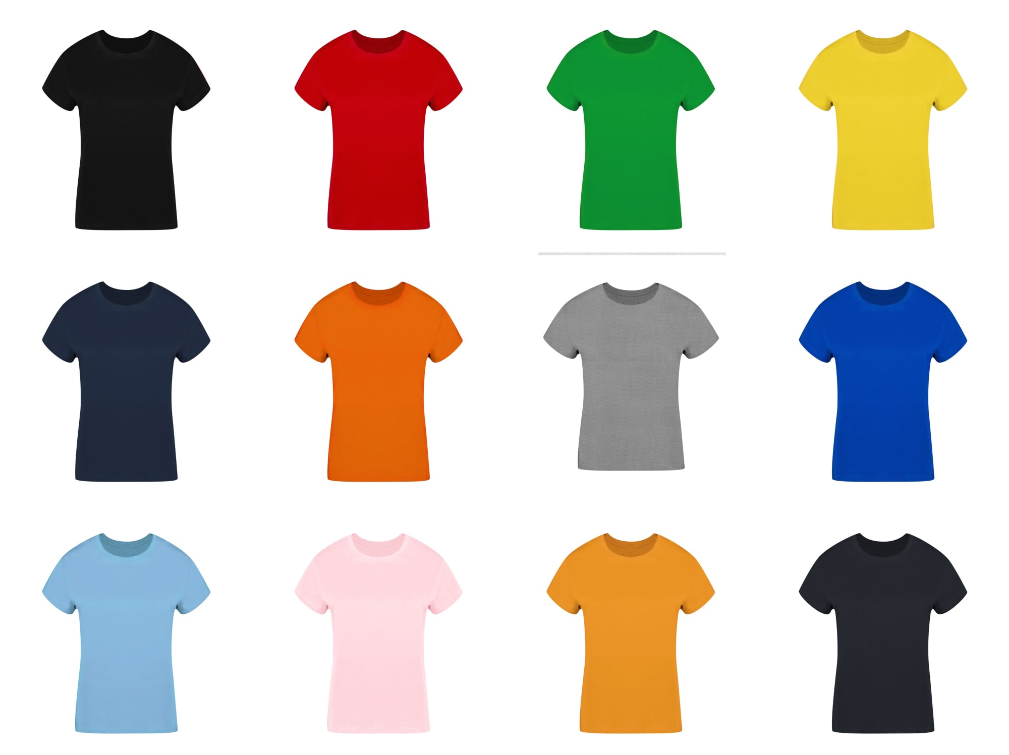 A collection of t-shirts in various colours, including black, red, green, yellow, navy, orange, grey, blue, light blue, pink, and orange. Each shirt has a simple crew-neck design. Seiyo - Image 1