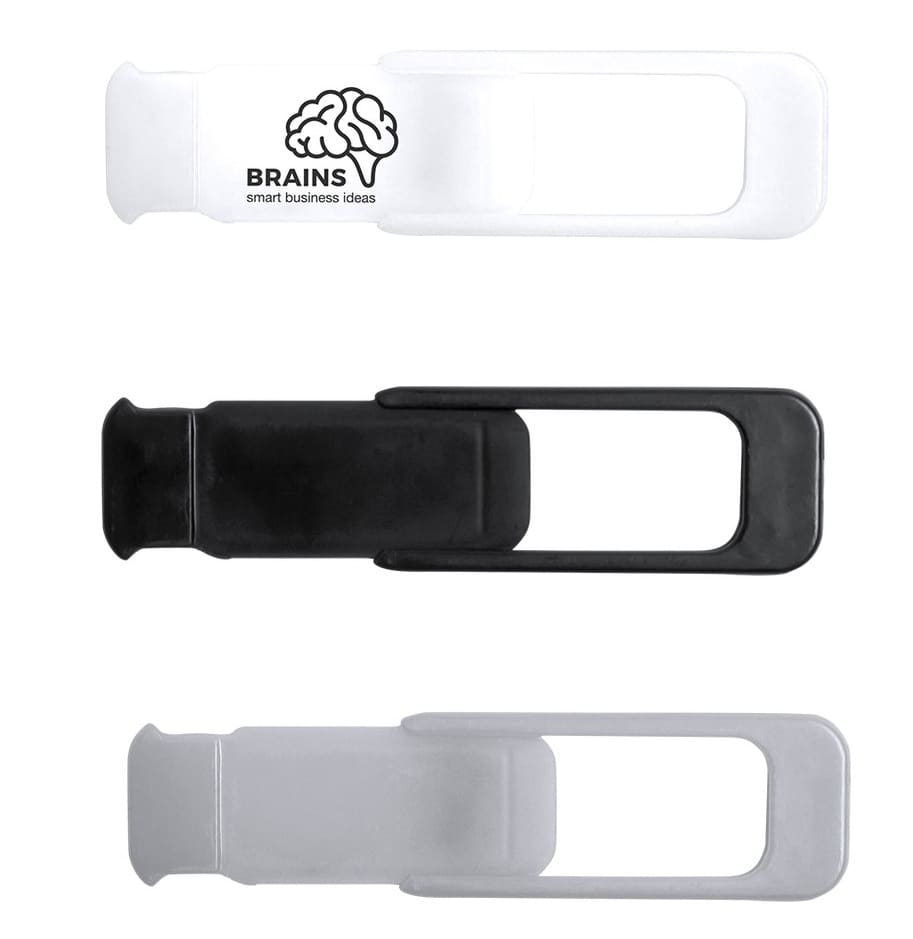 A set of three plastic bag clips in white, black, and translucent grey, each featuring a branding logo. Lacol - Image 1