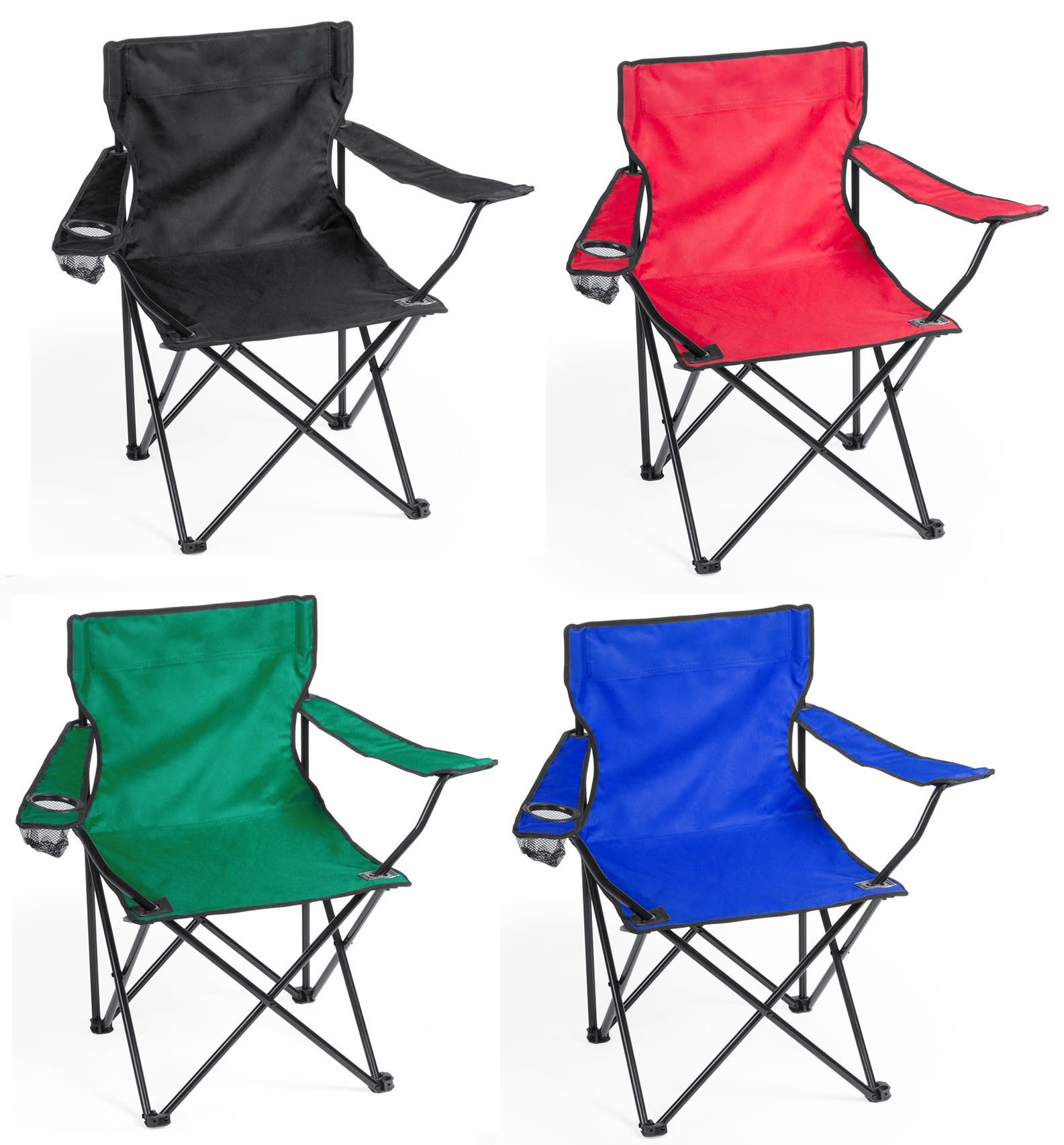 A set of four folding camp chairs in black, red, green, and blue, featuring armrests and a lightweight design. Bonsix - Image 1
