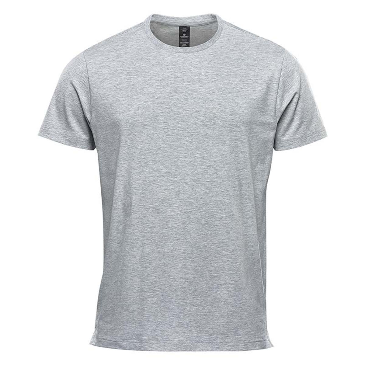 A grey short sleeve tee with a round neckline and a logo on the label. Suitable for casual wear. Men's Montebello Performance Short Sleeve Tee - Image 1