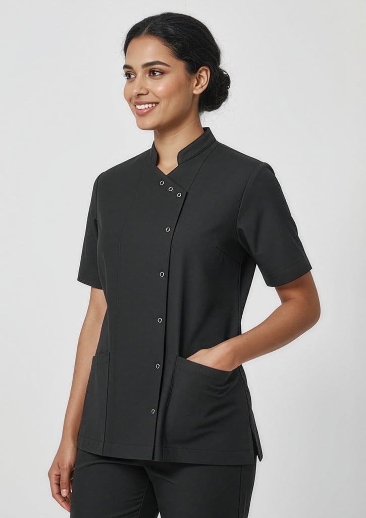 A black women's jacket featuring a high collar, short sleeves, and buttons, with pockets on the front. Womens Essence Jacket - Image 1