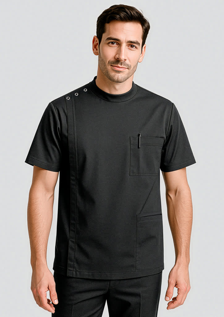 A men's black jacket features a stylish design with a pocket and button details on the shoulder. It has a logo. Mens Essence Jacket - Image 1