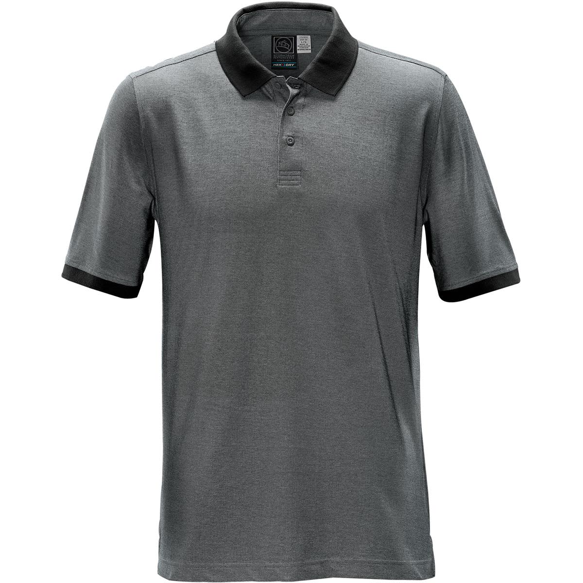 A dark grey polo shirt with a black collar and trim, featuring a logo on the upper chest. Men's Sigma Poly Cotton Polo - Image 1