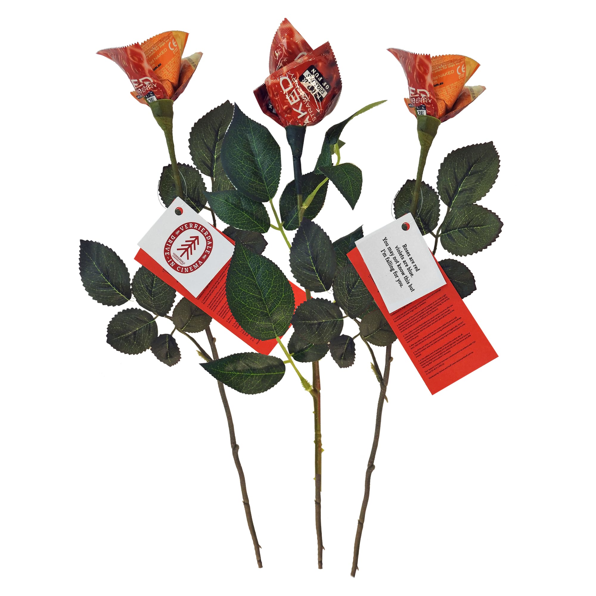 Three rose-shaped items in orange, with green leaves and stems, accompanied by tags. Condom Rose - Image 1