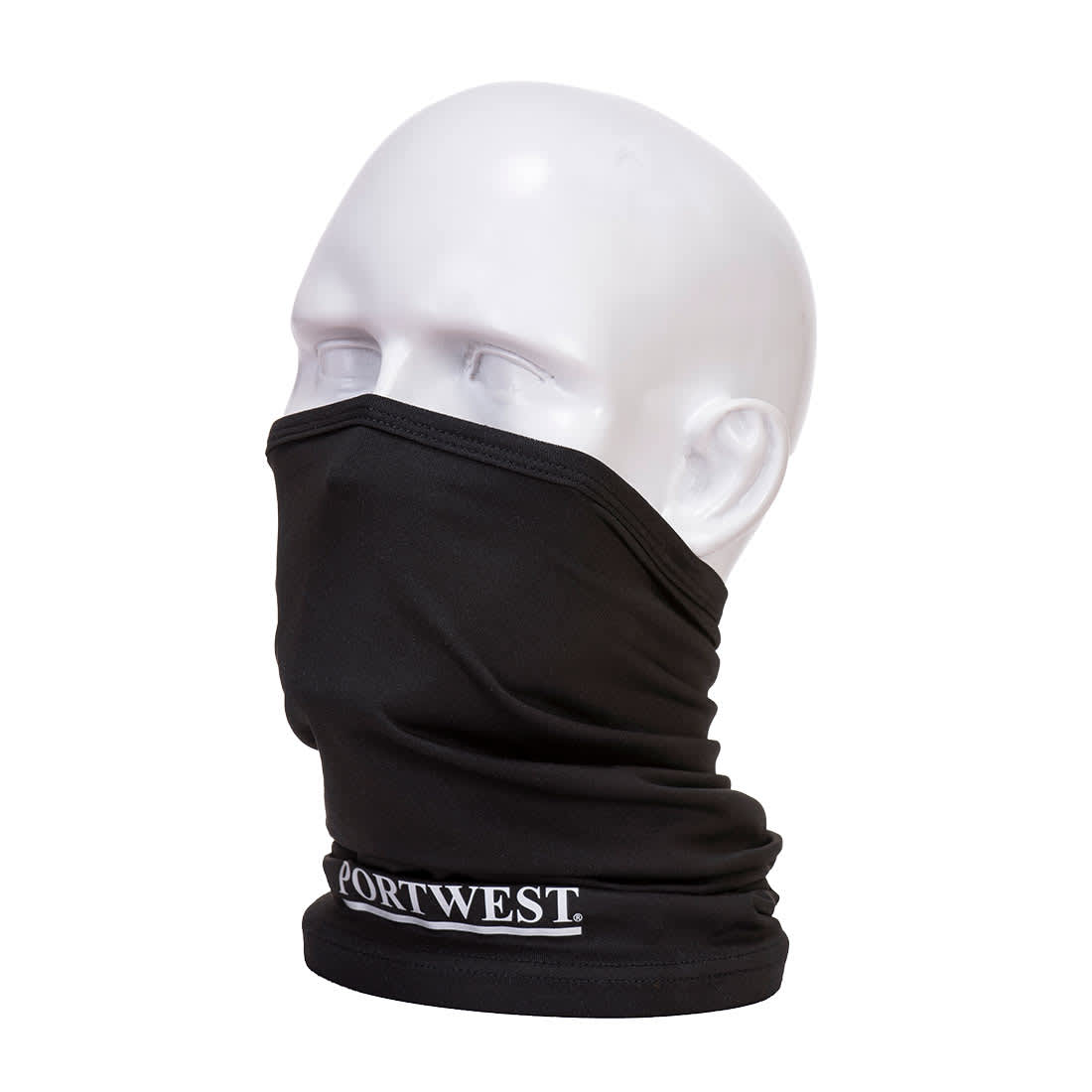 A black anti-microbial multiway scarf displayed on a mannequin head, featuring a logo. Anti-Microbial Multiway Scarf - Image 1
