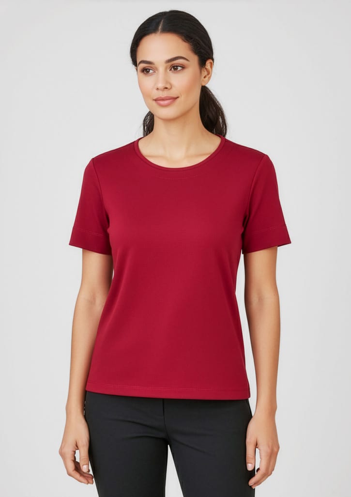A maroon women's short sleeve jersey top with a round neckline and a fitted design, featuring a logo. Womens Marley Short Sleeve Jersey Top - Image 1