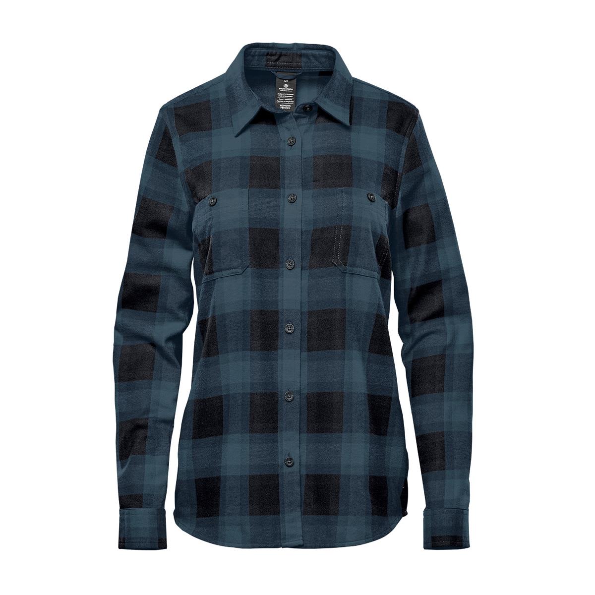 A button-up shirt featuring a dark green and black plaid pattern, with long sleeves and a chest pocket. Women's Chesapeake L/S Shirt - Image 1