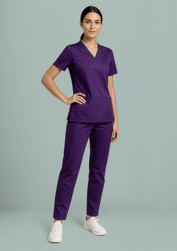 A model wearing purple women's Riley straight leg scrub pants paired with a matching top, set against a light background. Womens Riley Straight Leg Scrub Pant - Image 1