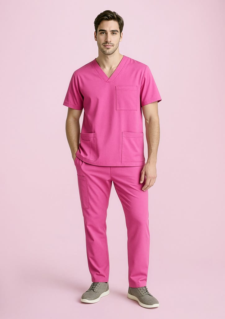 Unisex pink scrub pants featuring a slim fit and pockets, paired with a matching pink top. Unisex Pink Scrub Pant - Image 1