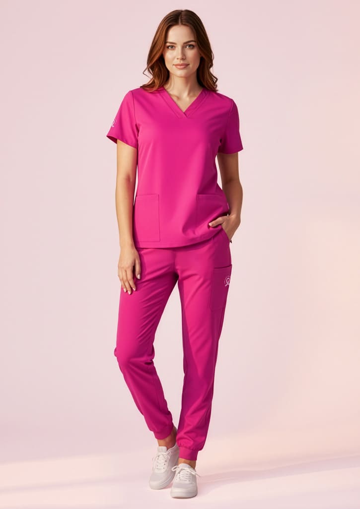 A pair of women's scrub pants in bright pink, featuring a sleek design and a logo on the front. Womens Pink Jogger Scrub Pant - Image 1