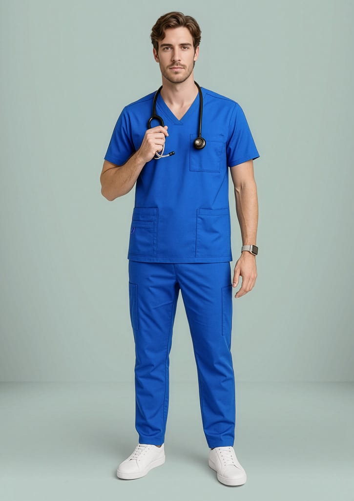 A man wearing a blue V-neck scrub top and matching trousers, holding a stethoscope, with a logo visible. Mens Avery Straight Leg Scrub Pant - Image 1