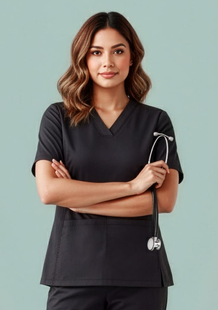 A black scrub top for women featuring a V-neck, short sleeves, and a breast pocket, with a stethoscope. Womens Riley Stretch Scrub Top - Image 1