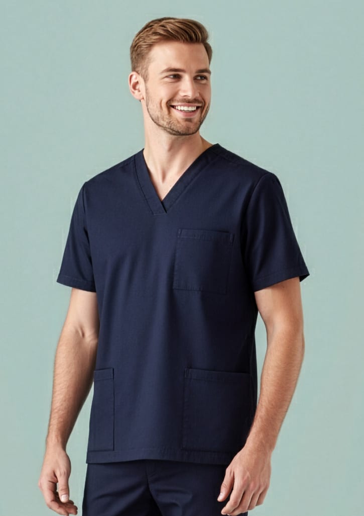 A navy men's scrub top featuring a v-neck design and a pocket, suitable for medical uniforms. Mens Tokyo Scrub Top - Image 1