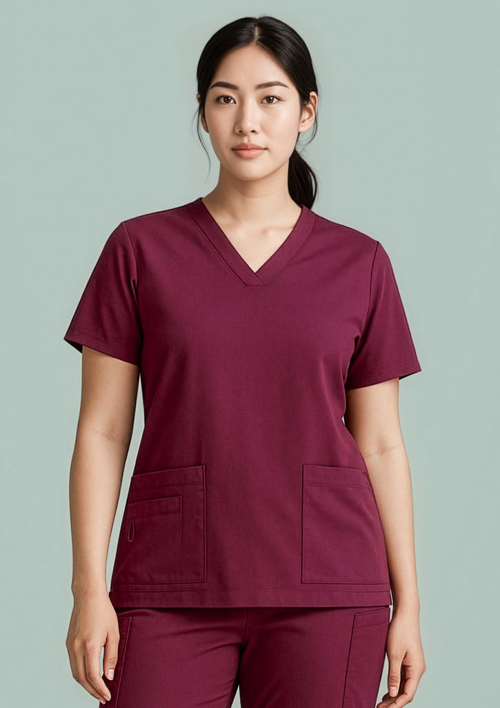Burgundy women's V-neck scrub top featuring short sleeves and front pockets. The model is standing against a light green background. Womens Avery V-Neck Scrub Top - Image 1