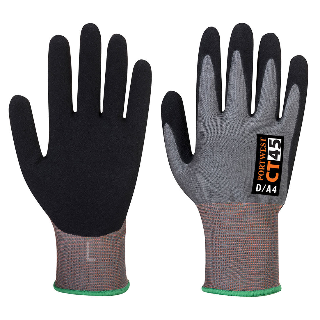 A pair of black and grey gloves with a textured grip and a branded logo on the wrist. CT Cut D18 Nitrile Glove - Image 1