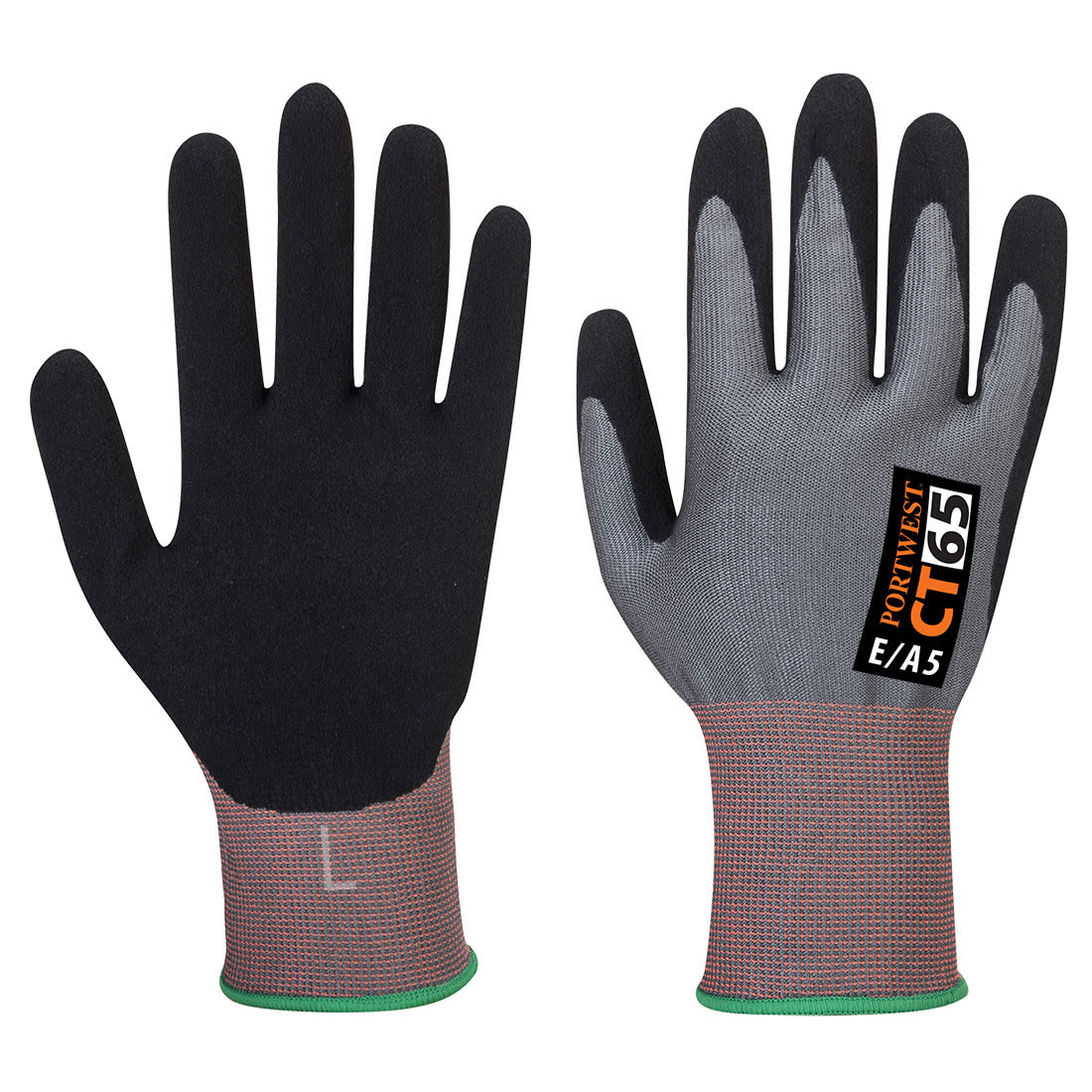 A pair of grey and black nitrile foam gloves with a textured grip. The gloves have a logo and branding on one side. CT Cut E15 Nitrile Glove - Image 1