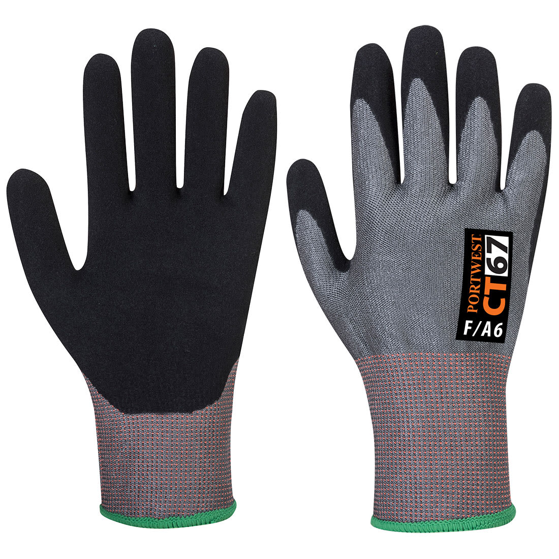 A pair of black and grey nitrile foam gloves with a textured grip and a green cuff. Features a logo. CT Cut F13 Nitrile Glove - Image 1