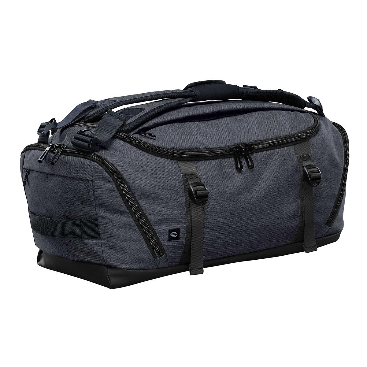 A dark grey duffel bag with black accents and multiple zippered compartments, featuring a logo on the side. Equinox 30 Duffel Bag - Image 1
