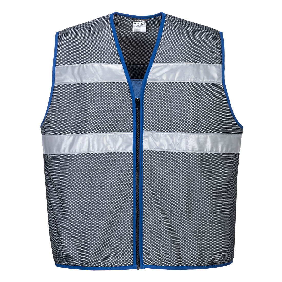 A grey mesh cooling vest with blue trim and reflective strips, featuring a front zipper. Branding is visible. Iona Cooling Vest - Image 1