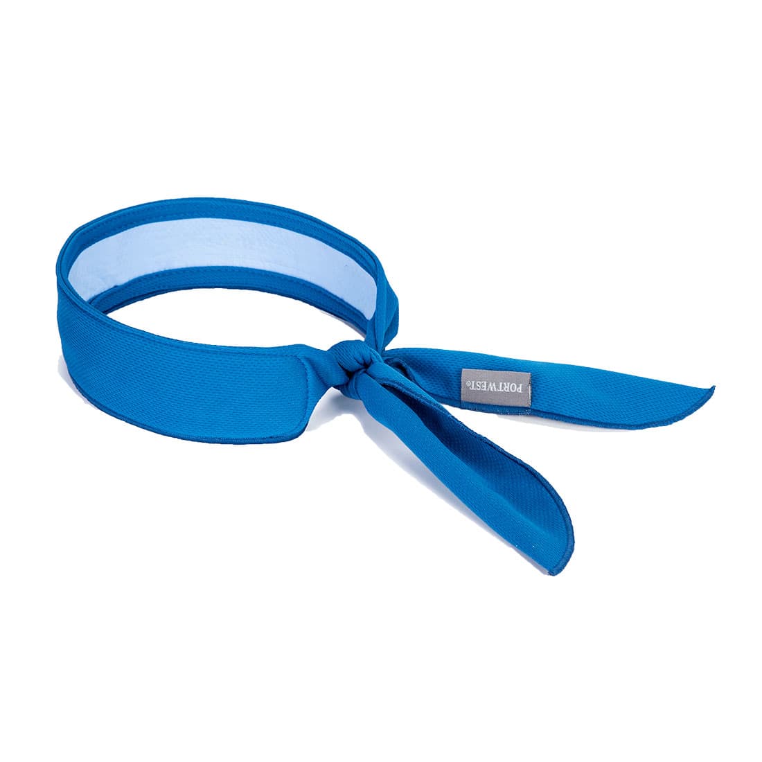 A blue cooling neck scarf with a tie design and a small logo on one side. Cooling Neck Scarf - Image 1