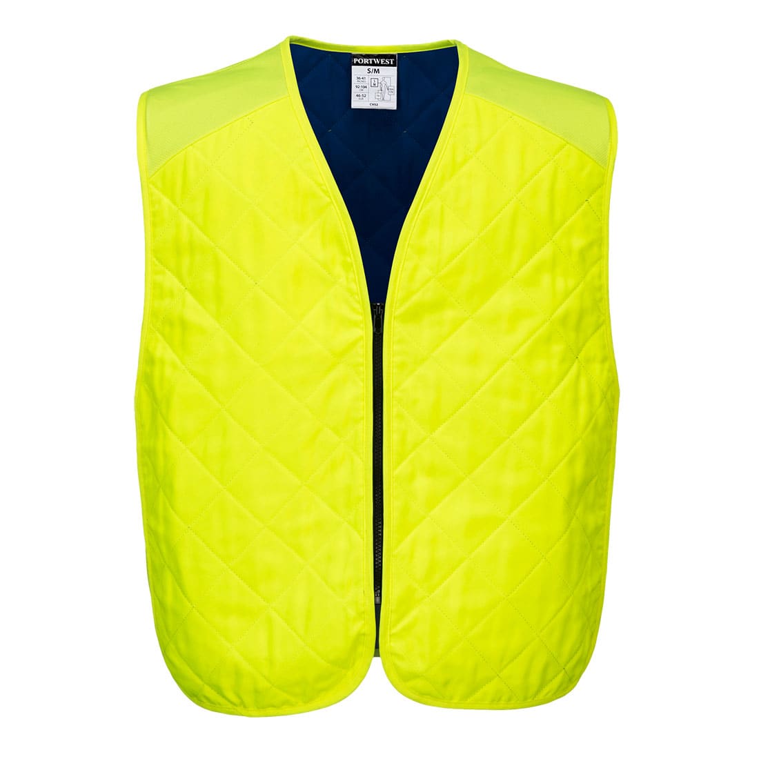 A bright yellow cooling evaporative vest with a diamond quilted pattern and a zip front. The interior is dark blue and features a logo. Cooling Evaporative Vest - Image 1